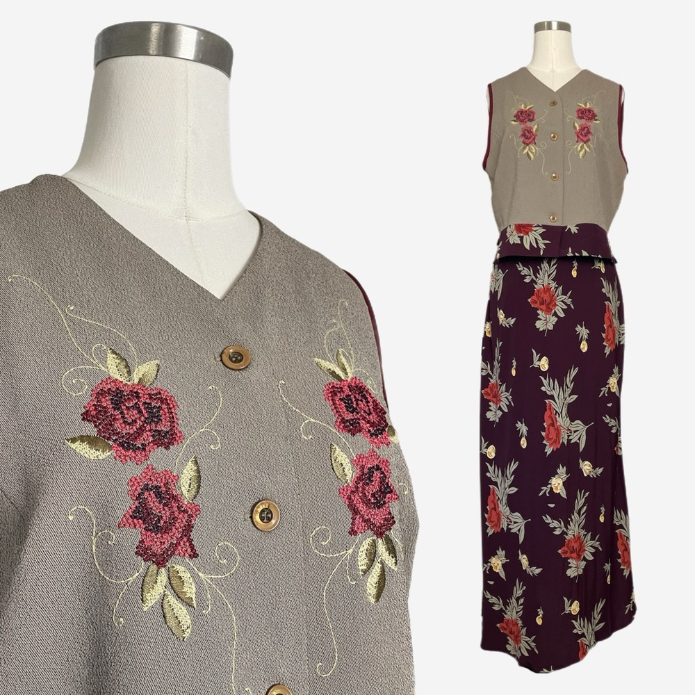 Vintage 90s Carole Little Purple floral maxi skirt and vest set needlepoint S/M